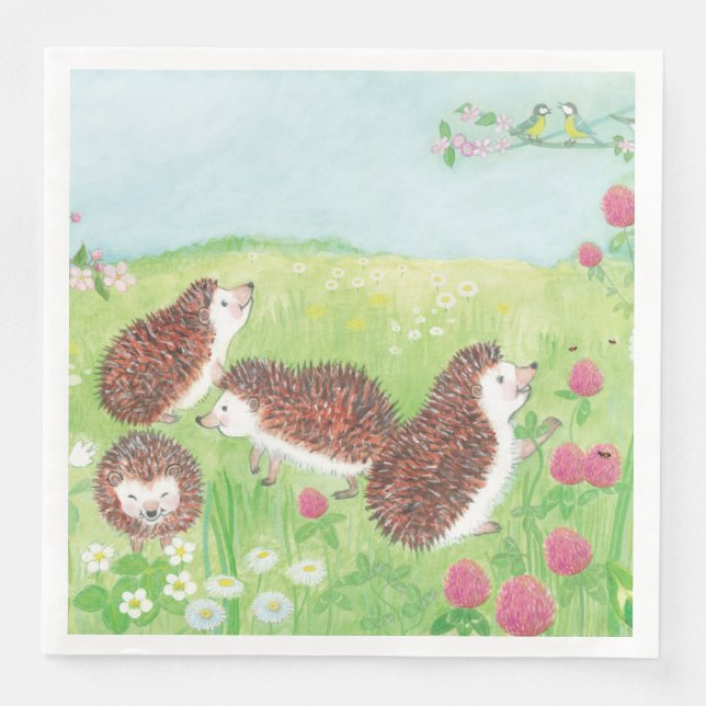 Vier kleine Igel auf der Wiese Serviette (Vorderseite)