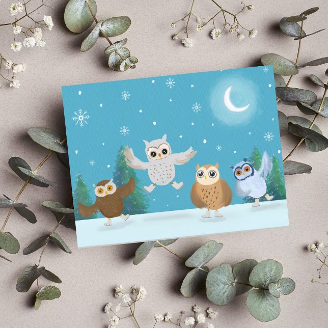 Vier kleine Owls gehen Ice-Skaten Postkarte (Von Creator hochgeladen)