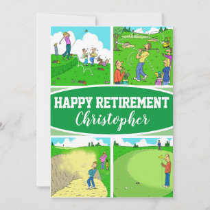 Vier lustige Golfer-Cartoons auf einer Rentenkarte Feiertagskarte