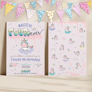 VIER Mal Magical Unicorn Niedlich Girl 4. Geburtst Einladung