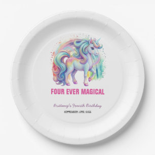 Vier mal magische Pastel Unicorn Vierten Geburtsta Pappteller