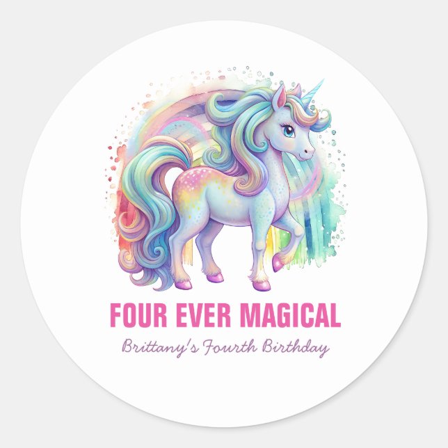 Vier mal magische Pastel Unicorn Vierten Geburtsta Runder Aufkleber (Vorderseite)