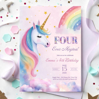 Vier mal magisches Einhorn 4. Geburtstag Einladung