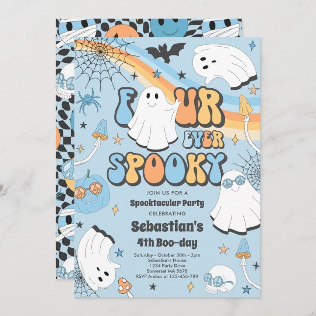 Vier mal Spooky Halloween Groovy Ghost Geburtstag Einladung (Vorne/Hinten)