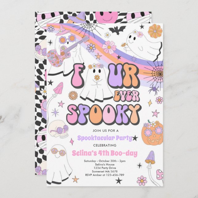 Vier mal Spooky Halloween Groovy Ghost Geburtstag Einladung (Vorne/Hinten)