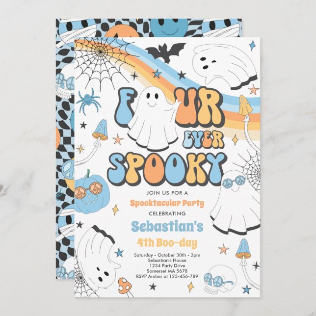 Vier mal Spooky Halloween Groovy Ghost Geburtstag Einladung (Vorne/Hinten)