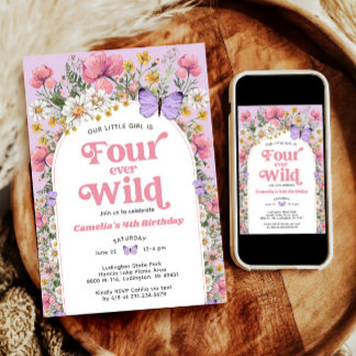 Vier mal Wild Butterfly Wildblume 4. Geburtstag Einladung
