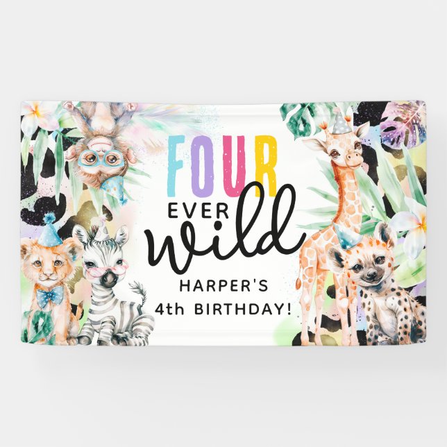 VIER Mal wild! Safari Animals 4. Geburtstag Banner (Horizontal)