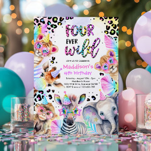 Vier Mal Wild Safari Pink Girl Leopard Geburtstag Einladung