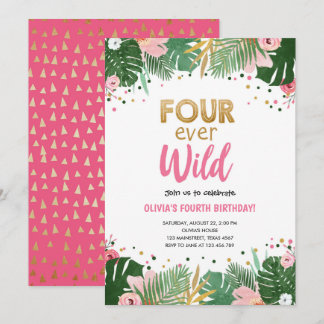 Vier Mal Wild Tropical Safari Girl Geburtstag Einladung