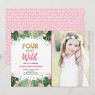 Vier Mal Wild Tropical Safari Girl Geburtstag Einladung