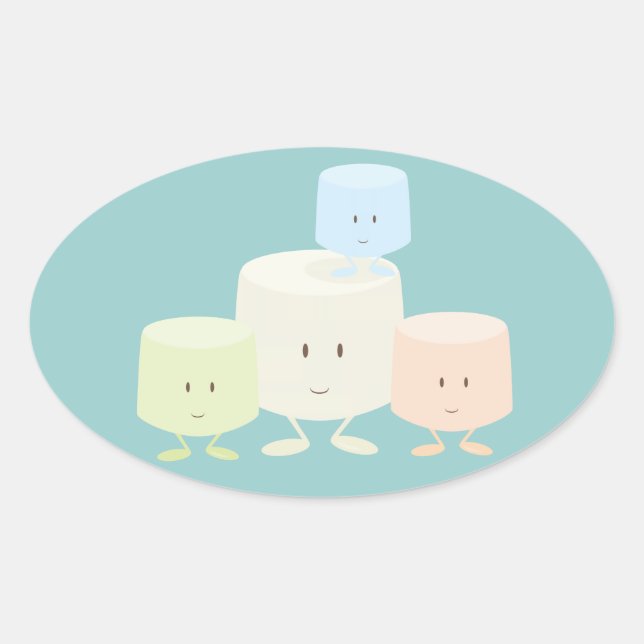 Vier Marshmallows lächeln zusammen Ovaler Aufkleber (Vorderseite)
