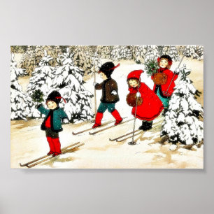 Vier Menschen schneebedeckten Schnee im Schneegebi Poster