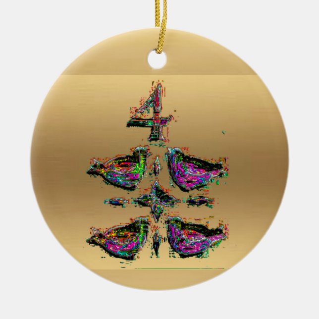 Vier nennende Vögel Goldweihnachtsdekoration Keramik Ornament (Vorne)