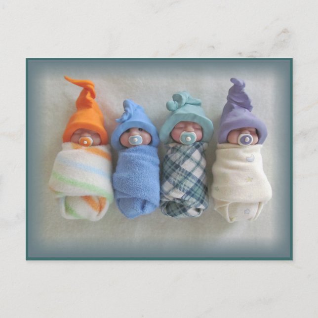 Vier Niedliche Polymer Clay Elf Babys, Skulpturen Postkarte (Vorderseite)