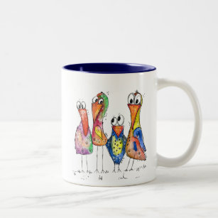 Vier Niedliche Whimsikfarbige Vögel Zweifarbige Tasse