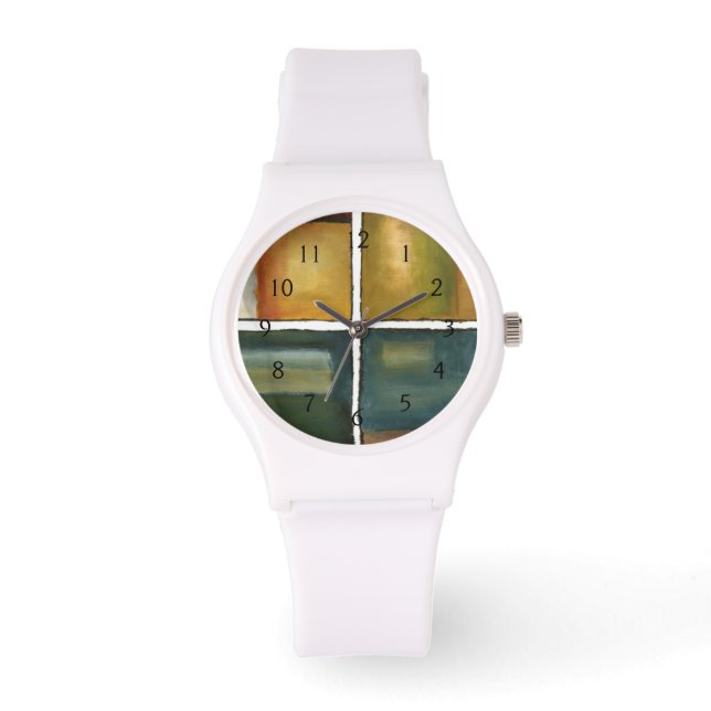 Vier Panelmalereien von Jennifer Goldberger Armbanduhr (Vorderseite)