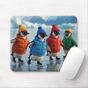 Vier Pinguine beim Eislaufen auf einem arktischen  Mousepad