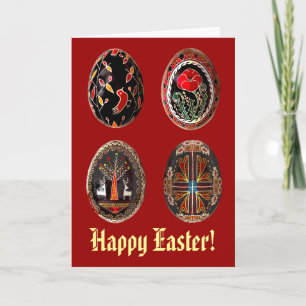 Vier Pysanka Eier auf einer Ostern-Karte Feiertagskarte