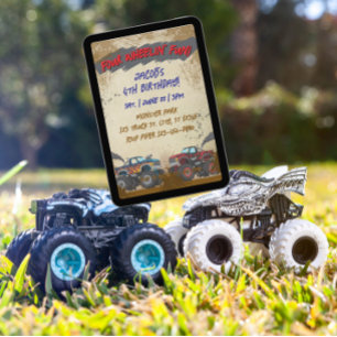 Vier Räder Spaß Monster Truck Geburtstag Einladung