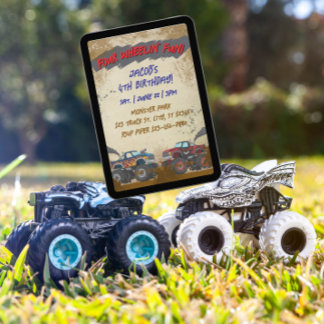 Vier Räder Spaß Monster Truck Geburtstag Einladung