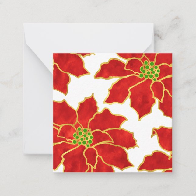 Vier Red Gold Watercolor Poinsettias Note Card Mitteilungskarte (Vorderseite)