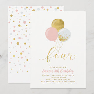Vier Rosa & Gold Balloons Girl 4. Geburtstag Party Einladung