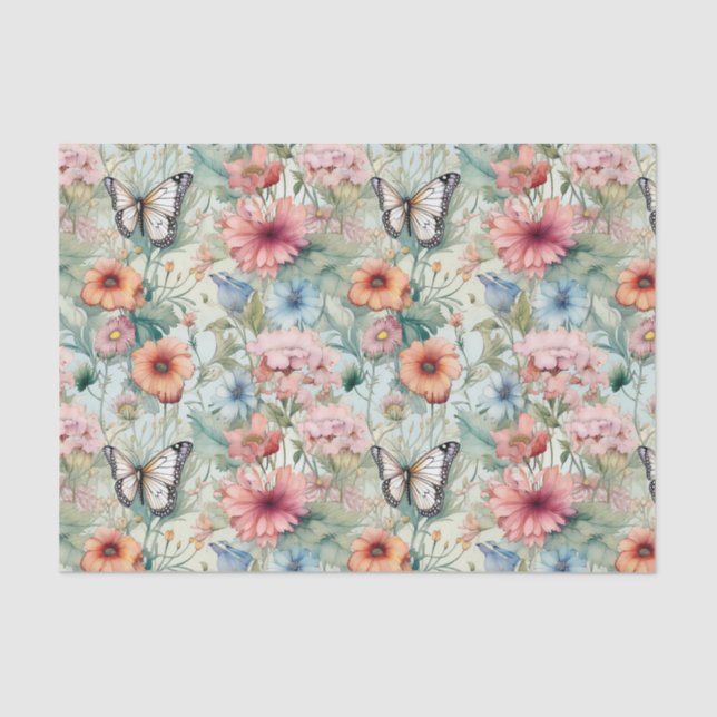 Vier Schmetterlinge auf der Blumenmuster-Decoupage Seidenpapier (Vorderseite)