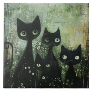 Vier schwarze Katzen mit Gänseblümchen auf gemisch Fliese