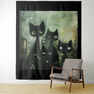 Vier schwarze Katzen mit Gänseblümchen auf gemisch Wandteppich
