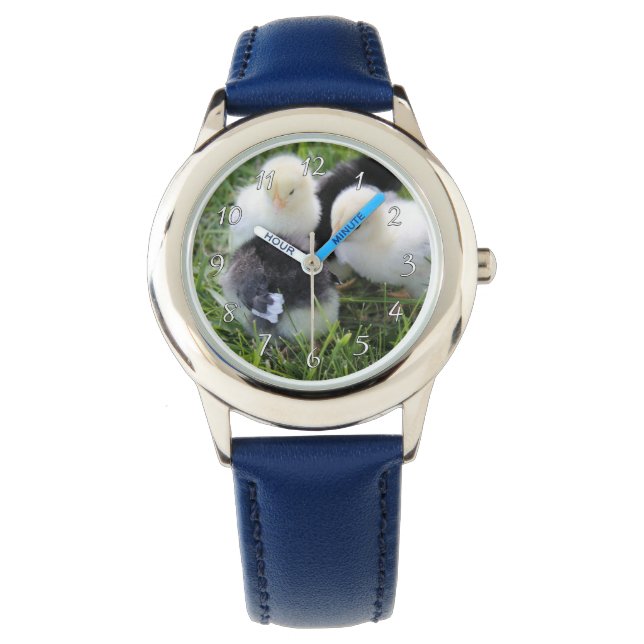 Vier schwarze und gelbe Hühnchen Armbanduhr (Vorderseite)