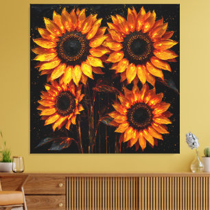 Vier Sonnenblumen auf dunklem Hintergrund Leinwanddruck