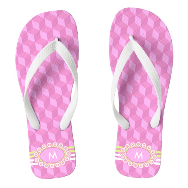 Vier Streifen Monogramm Rosa und Limone ID207 Flip Flops (Fußbett)