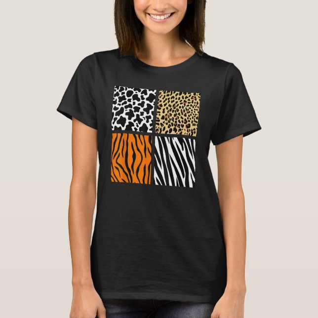 Vier Tiermuster Kuh Tiger Leopard Zebra Tier T-Shirt (Vorderseite)