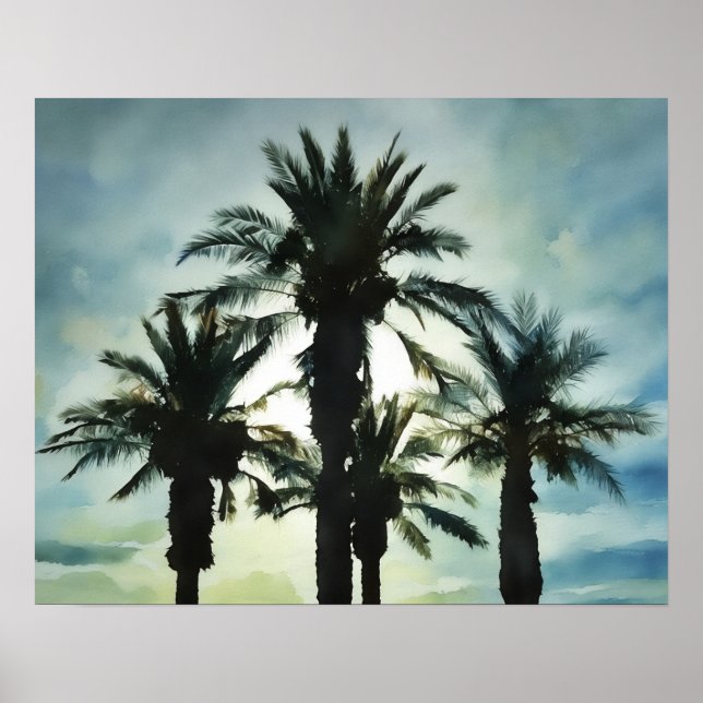 Vier tropische Palmen im Wasser des Sonnenuntergan Poster (Vorne)