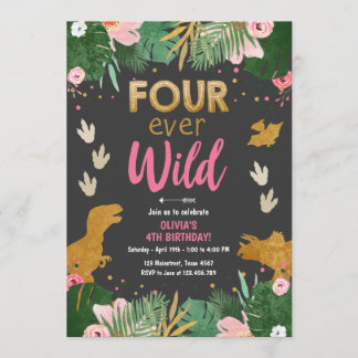 Vier Wilde Dino Girl Pink Dinosaur Geburtstag Einladung