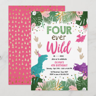 Vier Wilde Dino Girl Pink Dinosaur Geburtstag Einladung