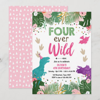 Vier Wilde Dino Girl Pink Dinosaur Geburtstag Einladung