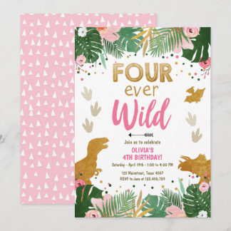 Vier Wilde Dino Girl Pink Dinosaur Geburtstag Einladung