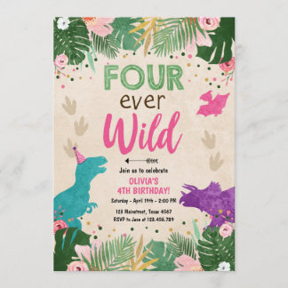 Vier Wilde Dino Girl Pink Dinosaur Geburtstag Einladung