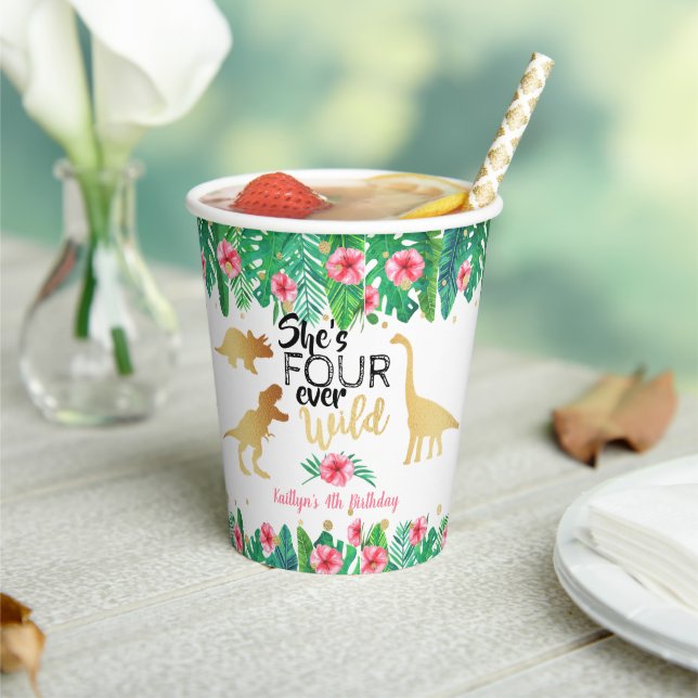 Vier Wilde Dinosaurier Mädchen 4. Geburtstag Pappbecher (In Situ)