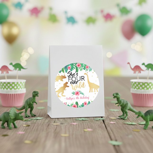 Vier Wilde Dinosaurier Mädchen 4. Geburtstag Runder Aufkleber (Von Creator hochgeladen)