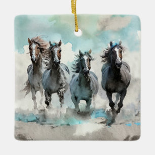 Vier wilde Mustangs galoppieren über die Prärie Keramikornament