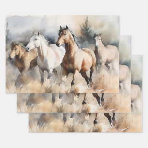 „Vier wilde Mustangs“ Staubige westliche Aquarellm Geschenkpapier Set