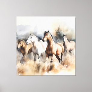 „Vier wilde Mustangs“ Staubige westliche Aquarellm Leinwanddruck