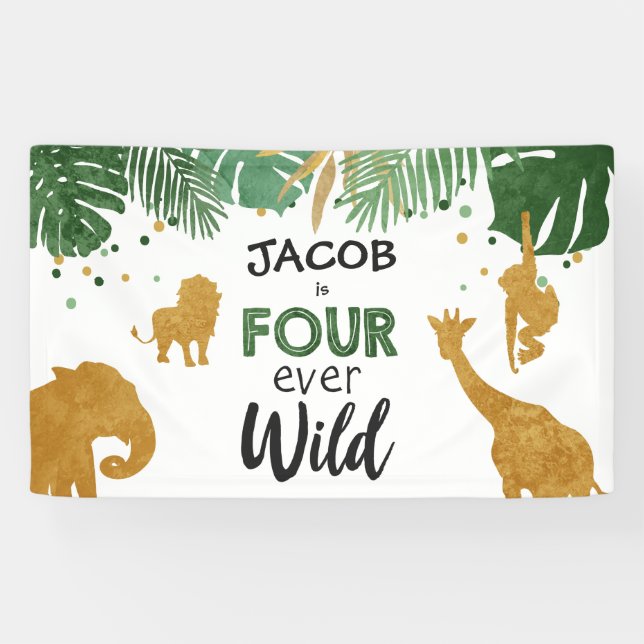 Vier Wilde Safari Tiere Junge Vierte Geburtstag Banner