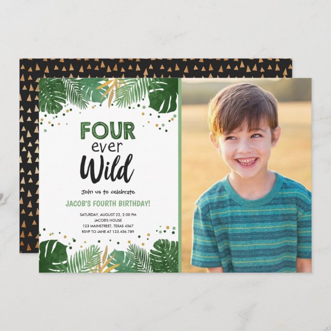 Vier Wilde Tropische Safari Junge Gold Geburtstag Einladung (Vorne/Hinten)