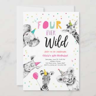 Vier Wildtiere im Party Safari Girl Geburtstag Einladung
