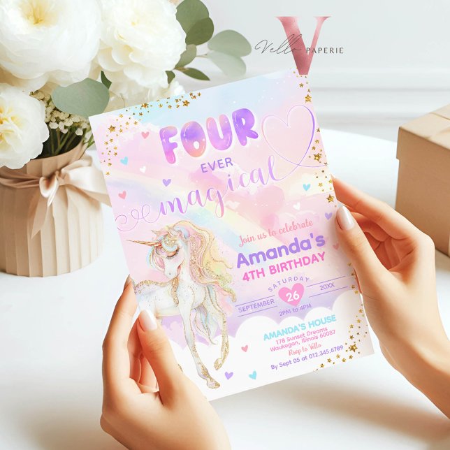 VIER Zauberhafte Regenbogen-Einhorn Gold Geburtsta Einladung (Von Creator hochgeladen)