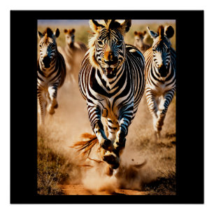 Vier Zebras laufen über die Savanne, während ein  Poster